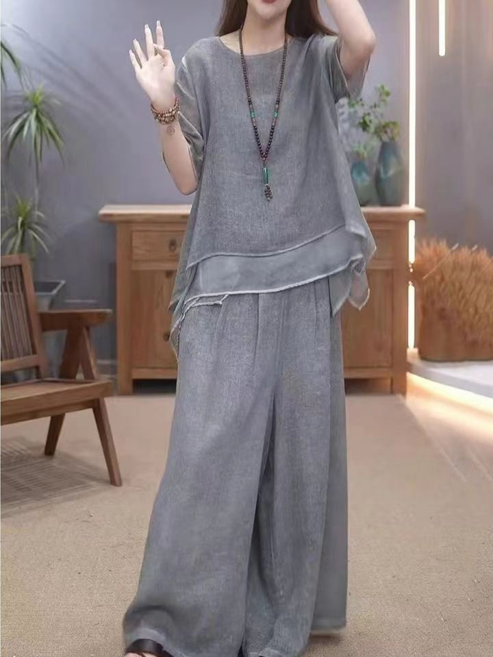 リネンスーツセット – ジャケットとワイドパンツ & 動きやすいデザイン